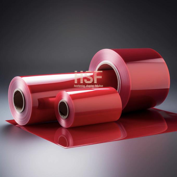 Close-up view of 75Î¼m red MOPP film demonstrating transparency and surface quality